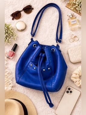Bueno Royal Blue Leather Bucket Bag | Studded Drawstring Shoulder Purse EUC